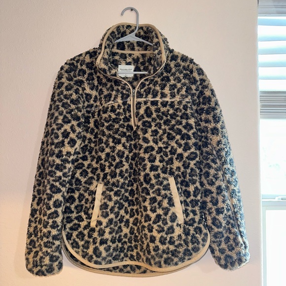 Abercrombie & Fitch Leopard Pullover Quarter Zip Oversized Sherpa - Picture 1 of 3